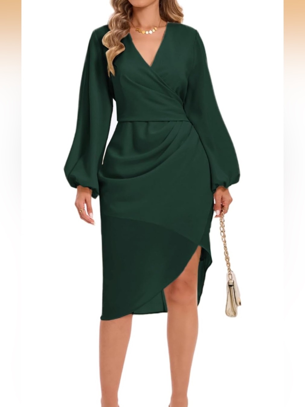 Forest Green Wrap Midi Dress with Bishop Sleeves